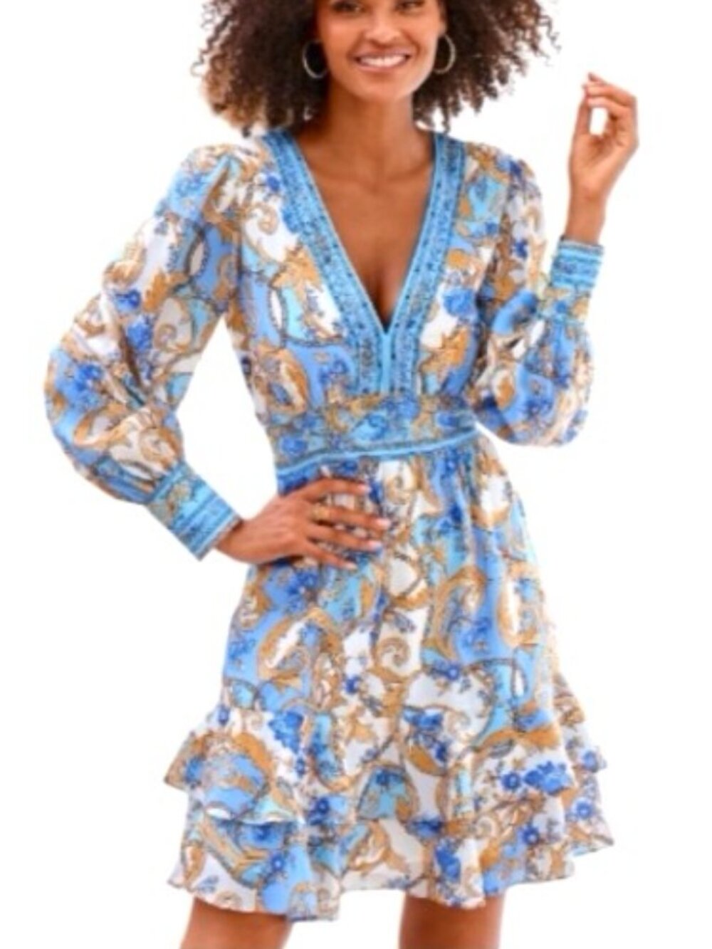 Boston Proper Blue Gold Baroque Dress | Sparkly Crystal Neckline | XS